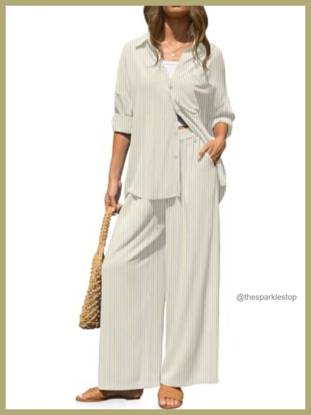 TARSE Striped Linen 2 Piece Lounge Set Button Down Shirt Wide Leg Pants